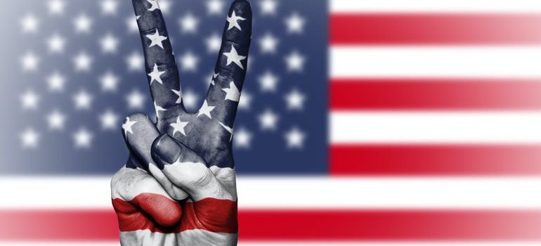 Peace sign in front of the American flag.