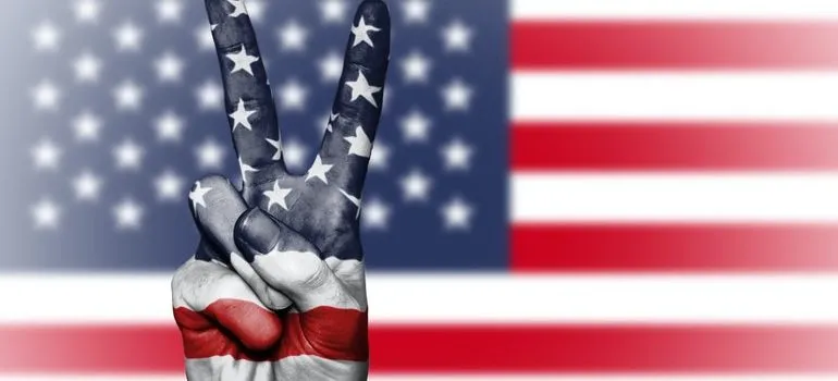 Peace sign in front of the American flag.