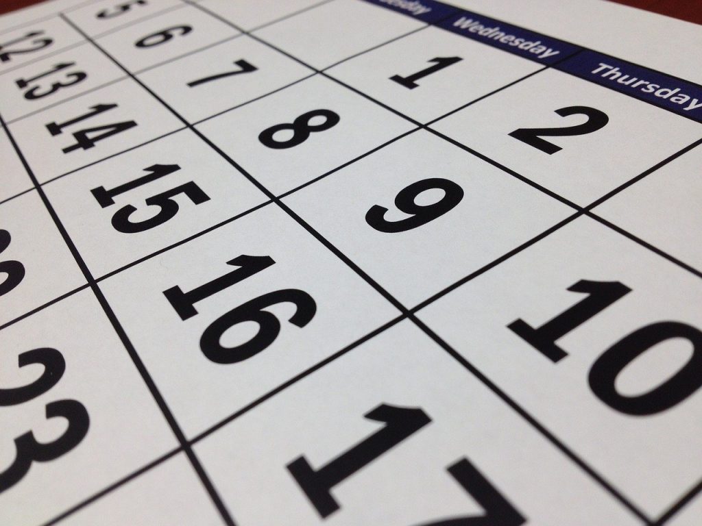 A close up of a calendar - storing furniture long-term.