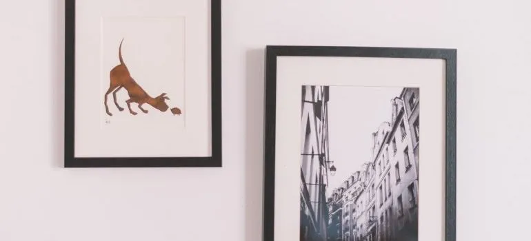 Picture frames on a wall. 