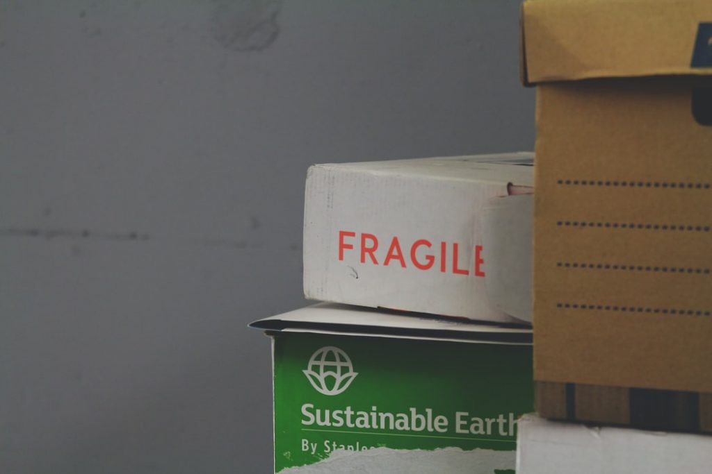 Cardboard boxes in storage.