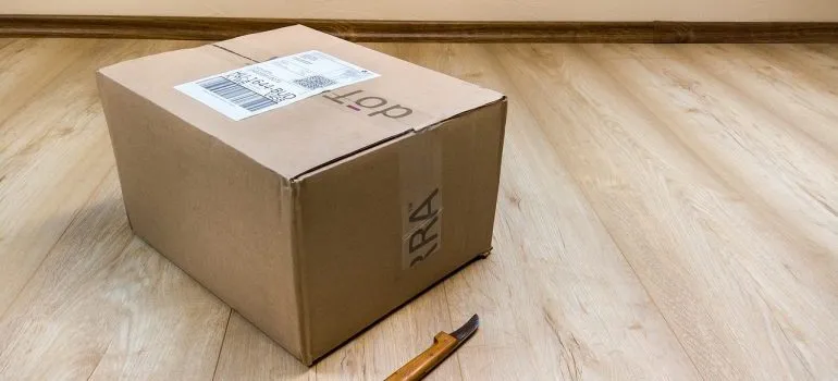 A cardboard box on the floor.