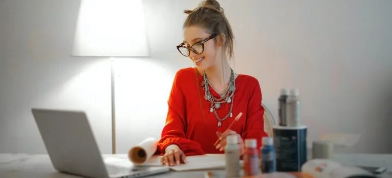 A woman working.
