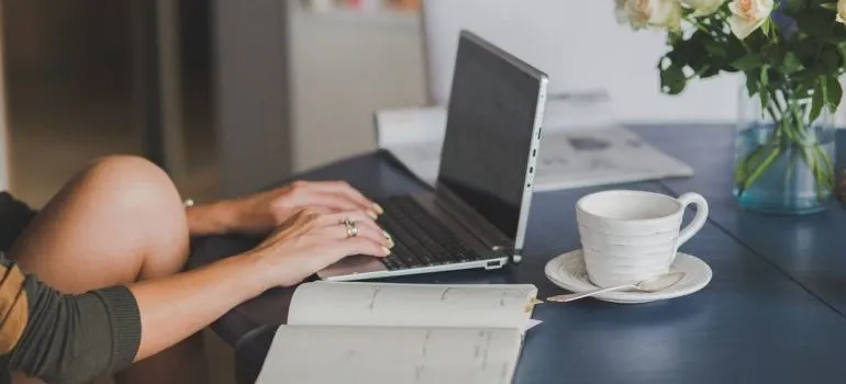 Woman looking for online reviews