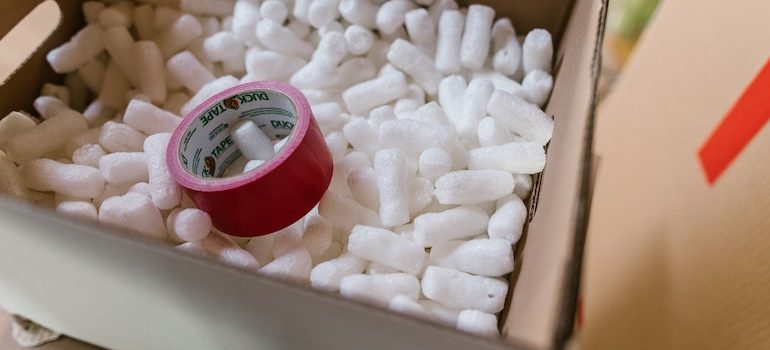 duct tape inside a box filled with styrofoam