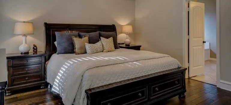 A close up of a bed. 