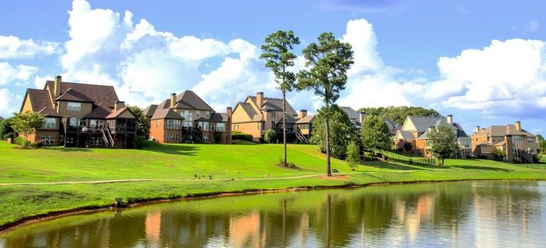 A row of lakefront houses.