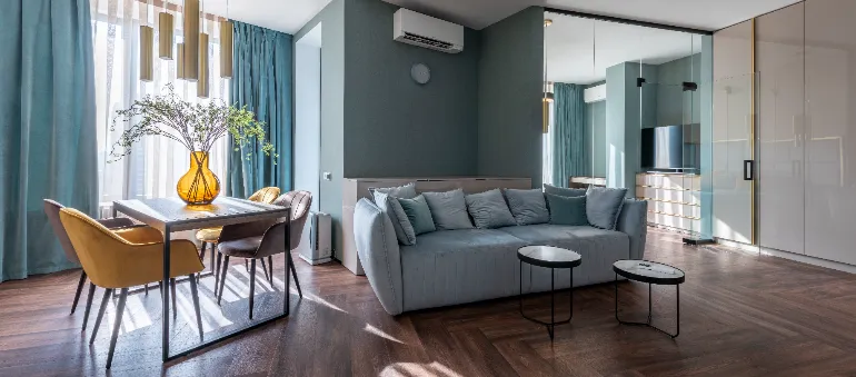 living room with a gray sofa