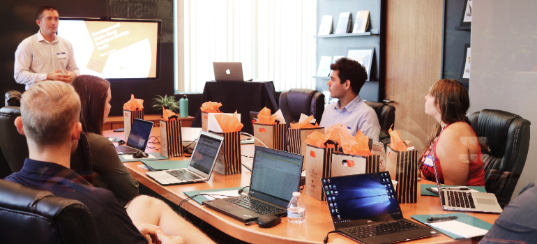Tech workers in a meeting