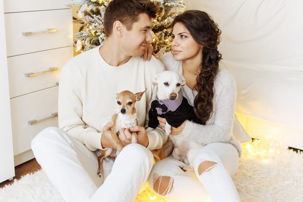 A couple sitting on the floor with their two dogs discussing how to help your pets adapt to new surroundings after the move