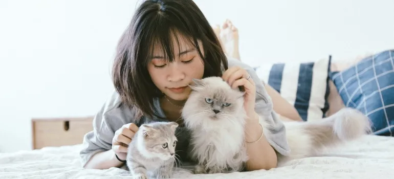 A girl lying an a bad with a cat and a kitten