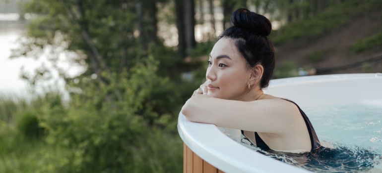 a woman in hot tub