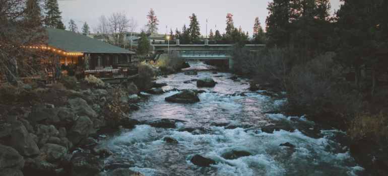 a small house and a river