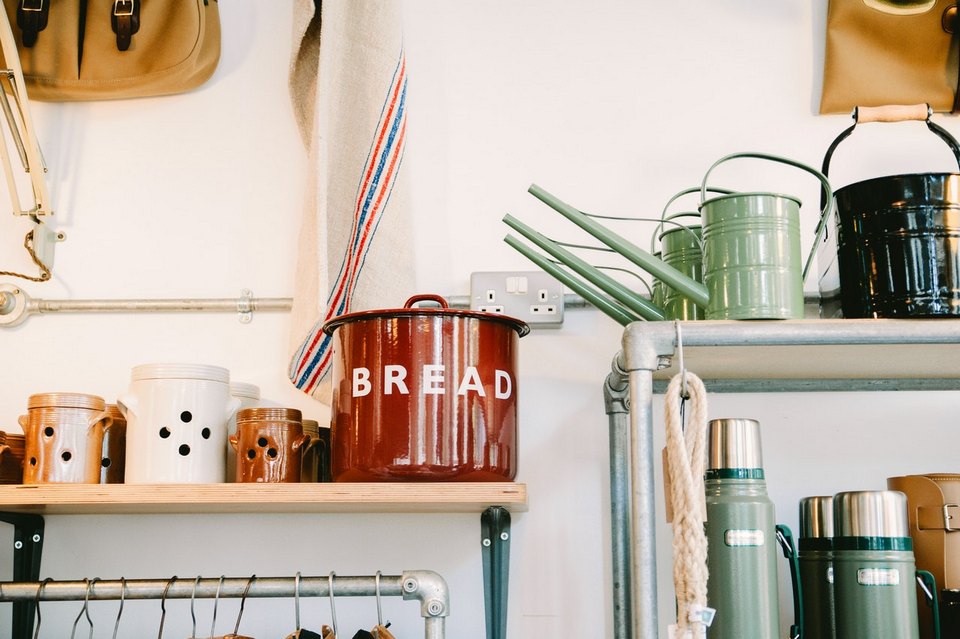 kitchenware on shelves