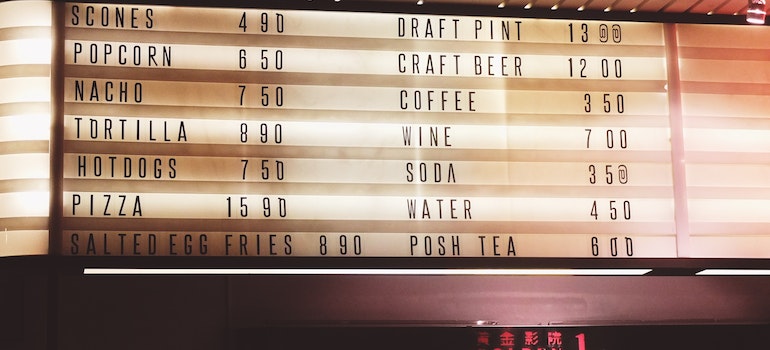 A panel with prices is on a wall.