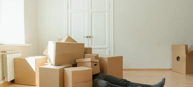 person under a pile of moving boxes
