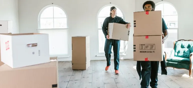 Two movers carrying boxes