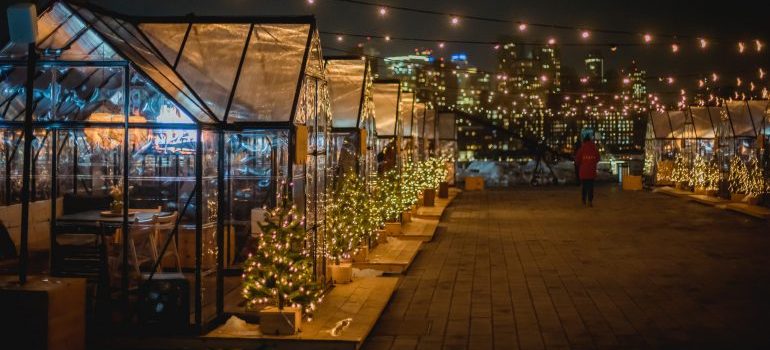 Christmas trees outside winter cafes