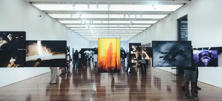 A photo of a museum with abstract modern art