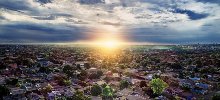 Sunrise over small city