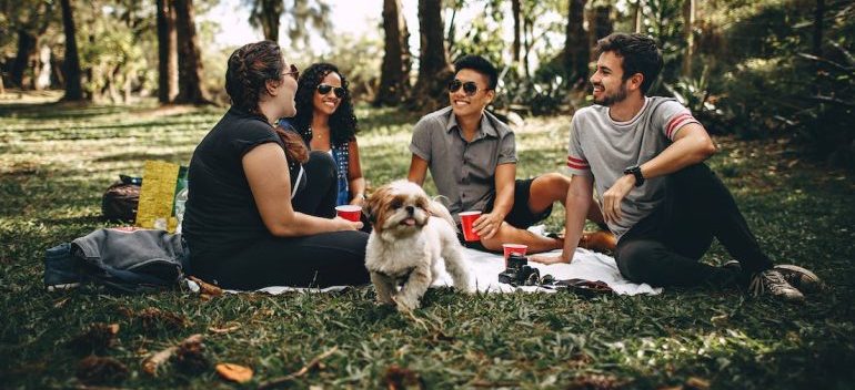 A group of young people sitting and relaxing on the grass