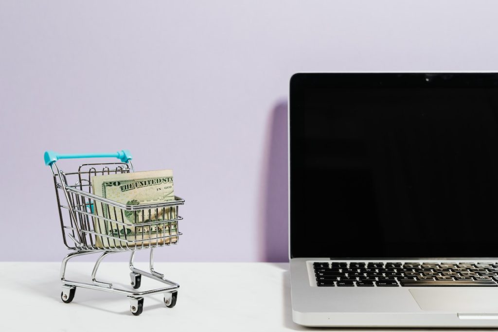 A Shopping Cart with dollar bills Next to a Laptop representing ways to cash in on unwanted items before your Idaho move