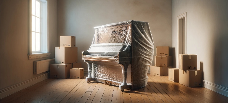 A home piano wrapped in protective material for relocation, standing in an empty room.