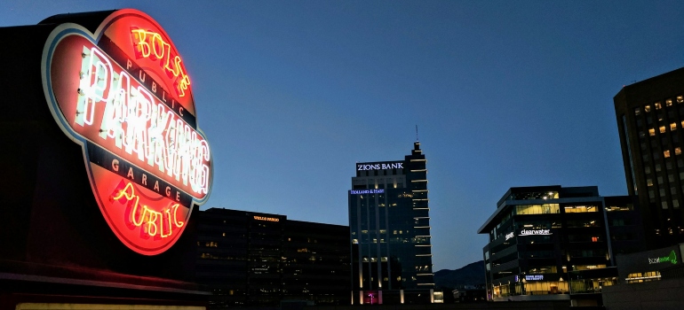 Parking sign and two bank signs in Downtown Boise, Idaho