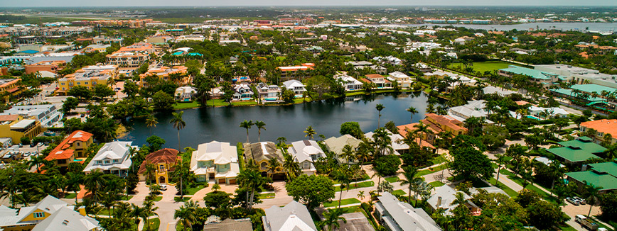 Florida neighborhood with lake: aerial view. 