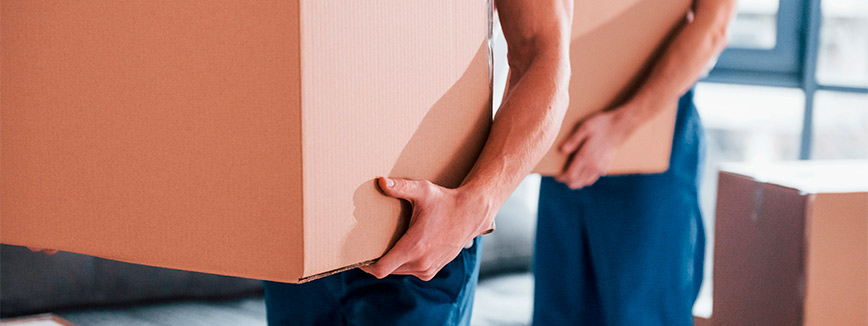 Two individuals carrying boxes in a room, illustrating the process of local moving services in Boise, Idaho.