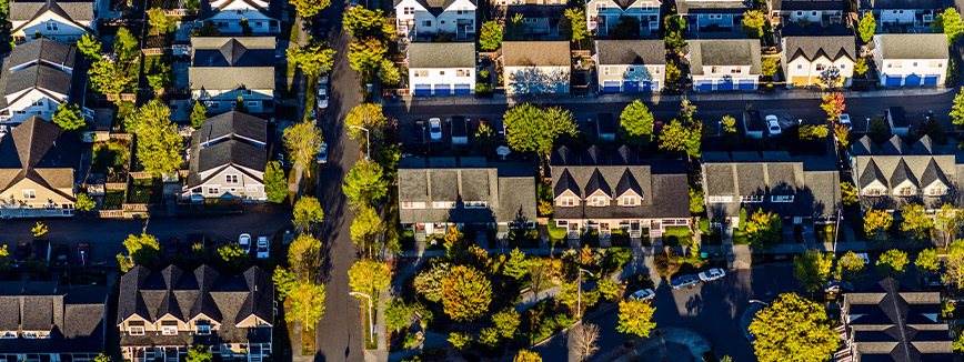 Aerial view of a neighborhood filled with houses, illustrating residential areas relevant to moving from Boise to Seattle.
