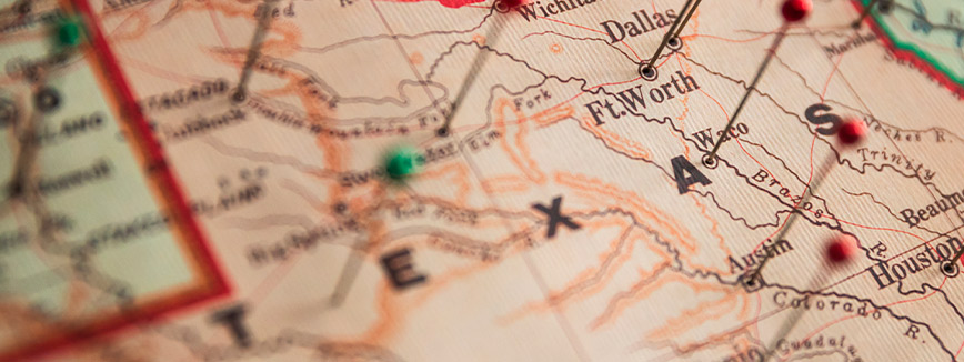 A detailed map of the United States, showing state boundaries and major geographical features of Texas