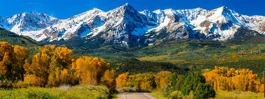 A scenic mountain road lined with trees, showcasing vibrant fall colors during a move from Idaho to Colorado.