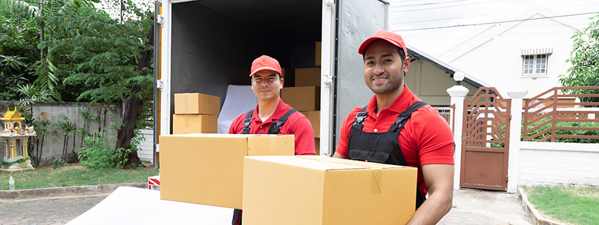 profesional movers downloading boxes. 