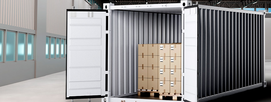 A large storage container filled with neatly stacked boxes, illustrating efficient packing for moving out of Idaho.