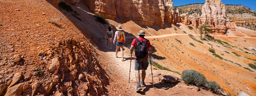 A group of hikers trekking along the trail to Bryce Canyon National Park, showcasing Utah's unique landscape and beauty.
