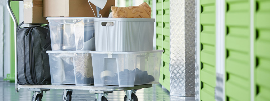 A cart carrying a bag and a box, symbolizing efficient storage solutions for a smooth move from Idaho to a new home.