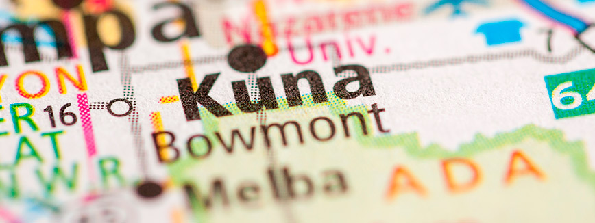 Close-up view of a detailed map of Kuna, Idaho, highlighting local streets and landmarks for residents planning a move.