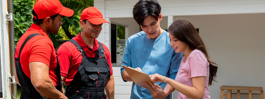 Three people wearing red hats and shirts pose outside a house, highlighting winter-proofing basement tips for Chicagoland.