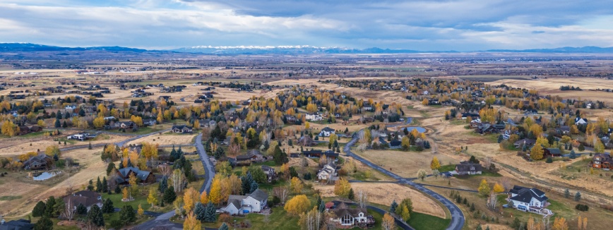 Suburbs of Bozeman, Montana in an aerial view